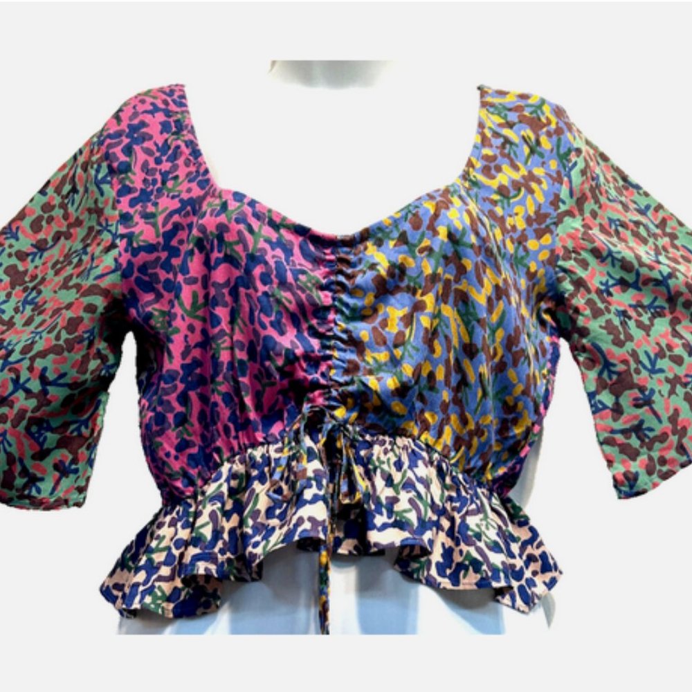 Nw SACRED THREADS boho hippy abstract patch rayon smocked crop TOP S/M